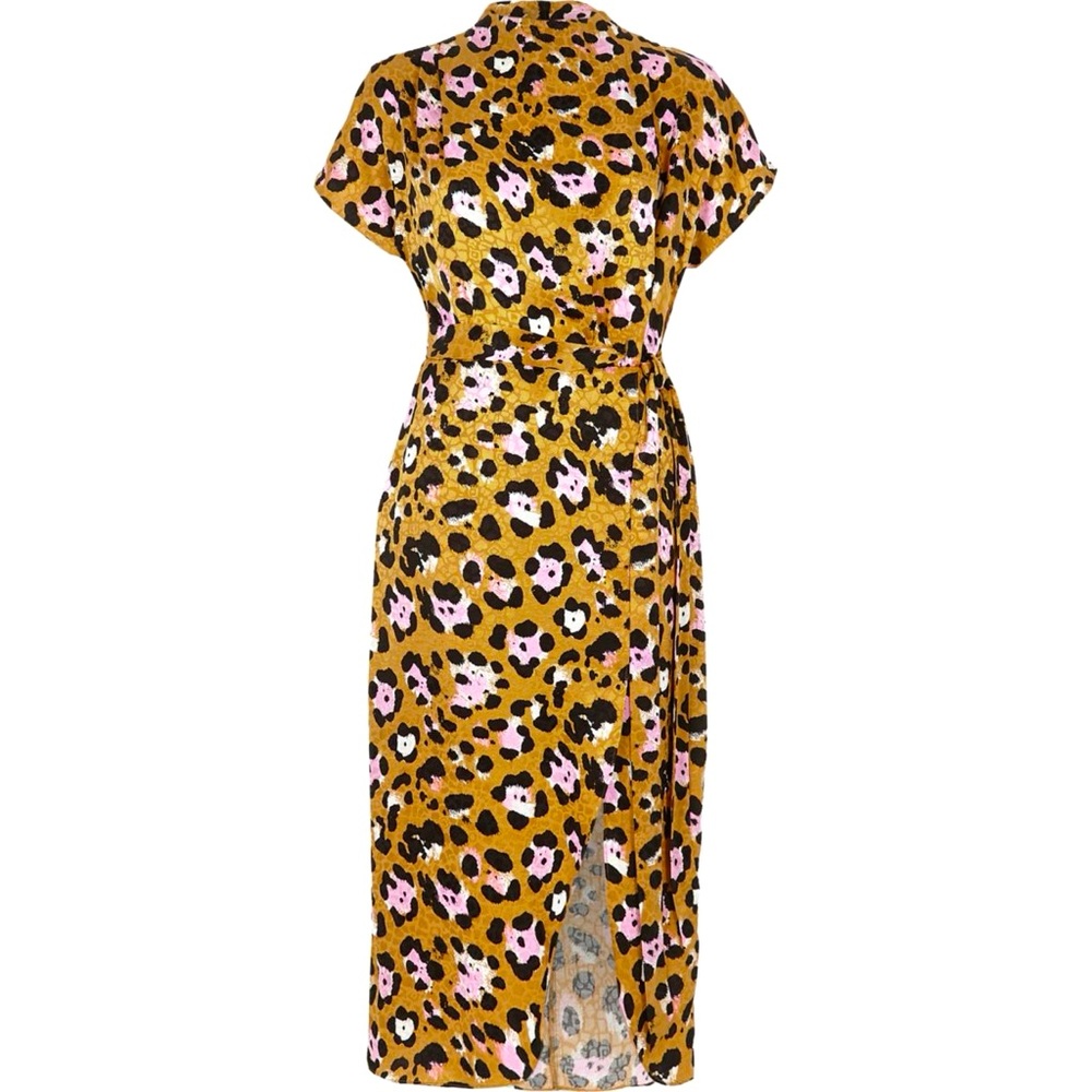 RIVER ISLAND Yellow/Gold & Pink Cheetah Print High Neck Side Slit Cocktail Dress